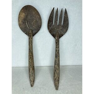 Coconut Shell Salad Utensil Serving Set Spoon Fork 9" & Ladle Spatula 14" NEW